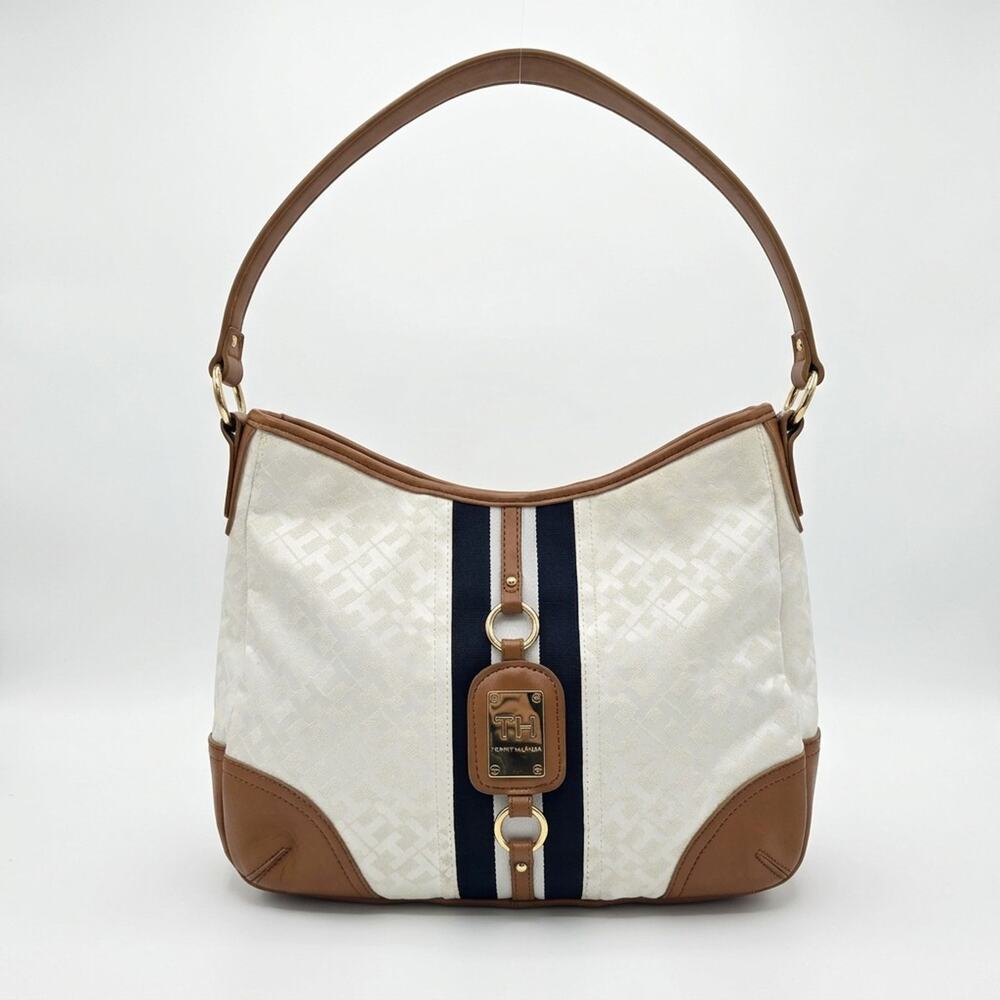 Tommy Hilfiger Monogram Underarm Shoulder Bag Cream TH Logo Jacquard Hobo Purse